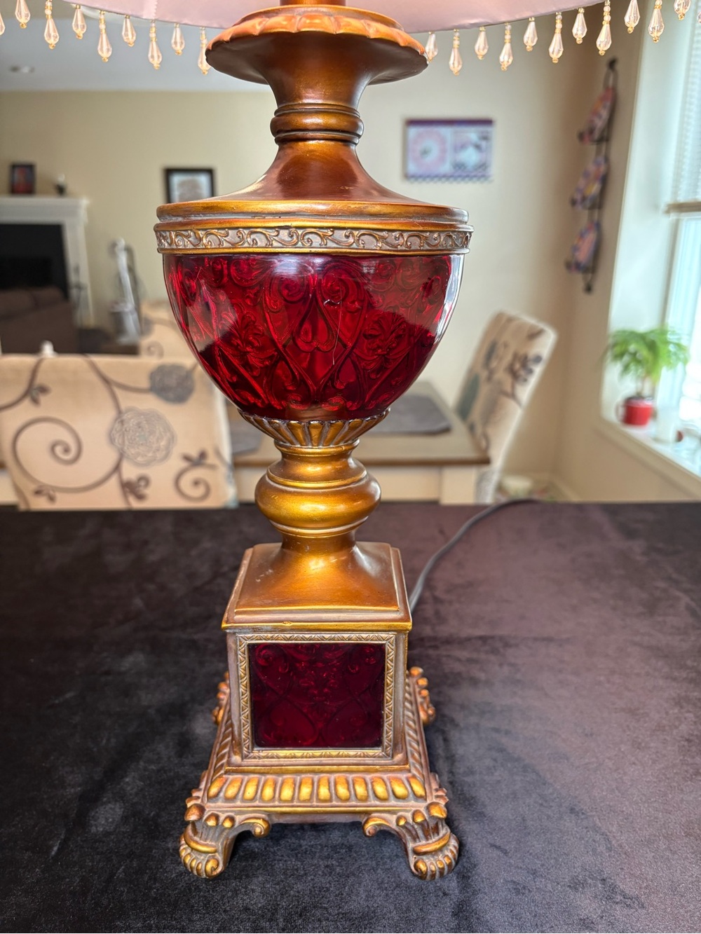Decorative Red and Gold Table Lamp with Beaded Shade - Picture 3 of 15